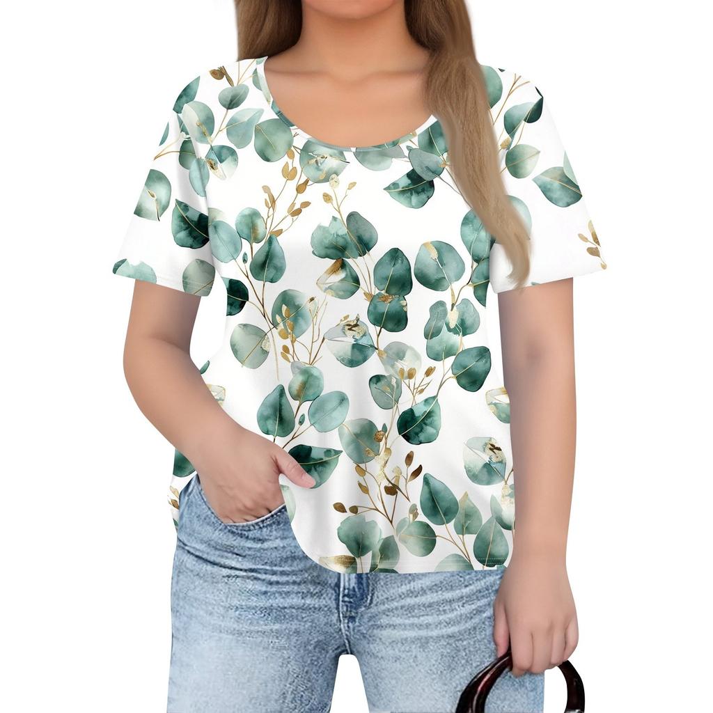 Женская мода большого размера с круглым вырезом и коротким рукавом, повседневный свободный пуловер с принтом