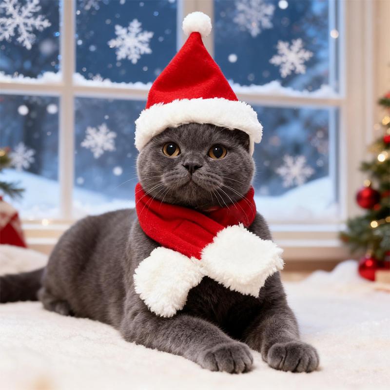 Cat Dog Christmas Costume Santa Hat With Scarf &Small Dogs - Funny Santa Hat And Scarf Outfit For Holiday Photos