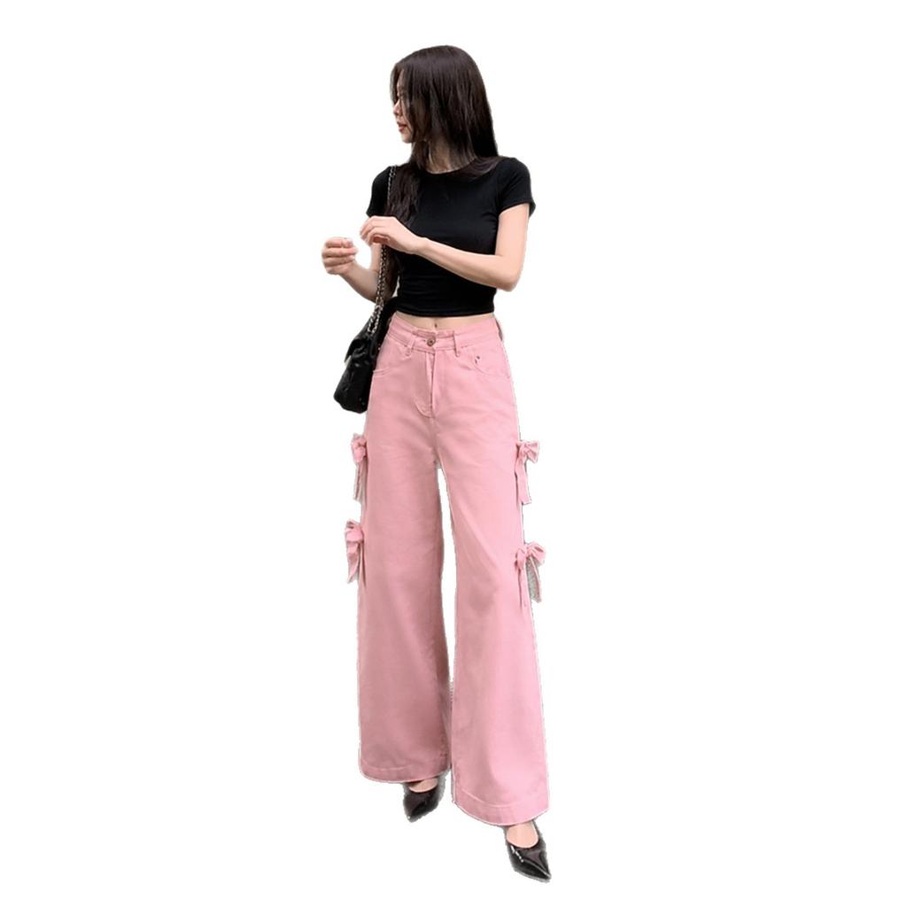 Pink overalls women's summer thin high-waisted thin bow wide-leg pants sweet cool babe style retro floor pants