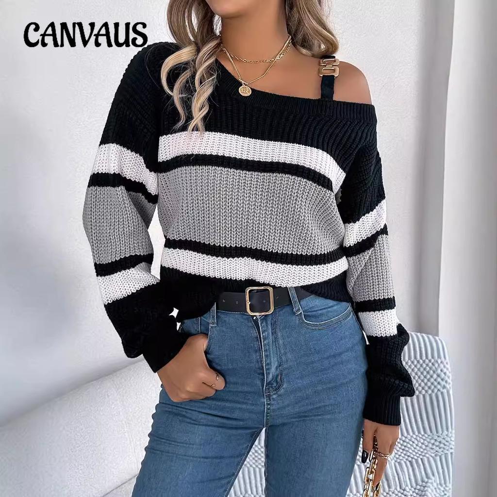 Осенне-зимний женский повседневный свитер без плеч с яркими полосками и рукавами-фонариками из металла и пуговиц