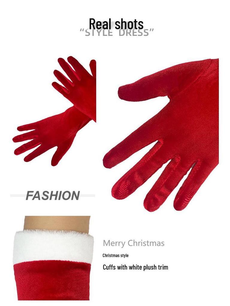 Женские красные рождественские золотые бархатные перчатки с белым пухом - Теплый праздничный аксессуар для вечеринки