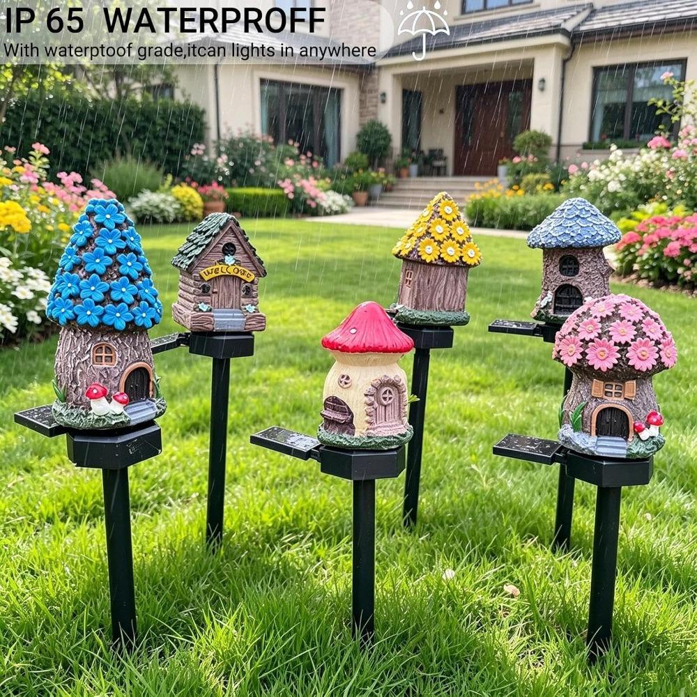 Solar Resin House Cute Figurine Ground Stake Light, Mushroom House Decor Garden Decorative for Outside Lawn Walkway Patio Yard(Blue Tree House)