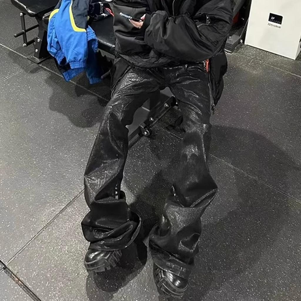 Уличная одежда Черные вощеные кожаные стрейчевые джинсы для мужчин Ropa Hombre Мешковатые Y2k Клеш Завышенные Прямые Джинсовые брюки