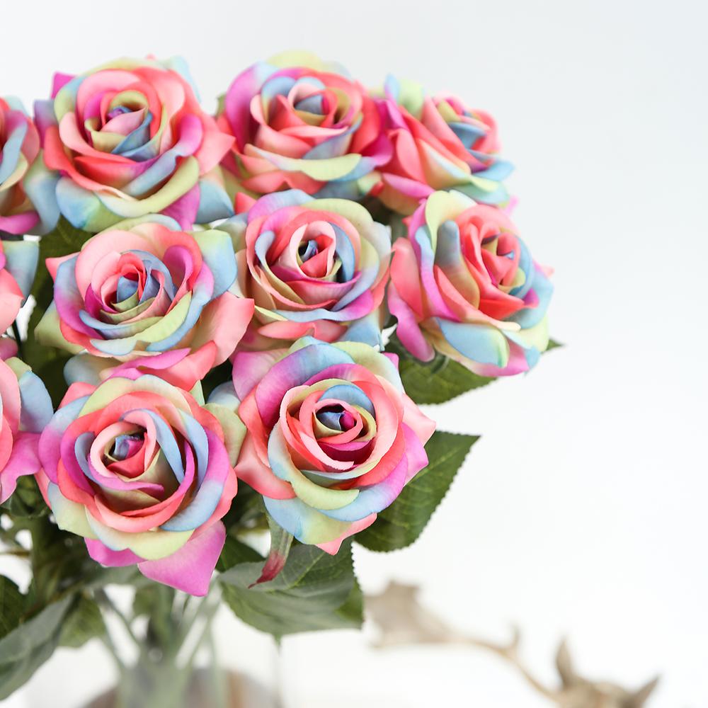 12 шт., искусственные розы ко Дню святого Валентина, радужная роза, настоящие радужные шелковые розы, искусственные розы для букетов, свадеб, вечеринок, детского душа, домашнего декора