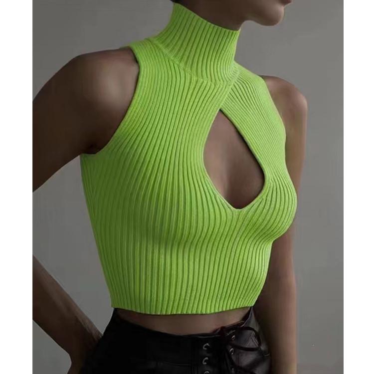 New Summer Solid Color Sexy Hollow Design Short Vest Turtleneck Navel Hot Girl Sweater Halter Neck Top