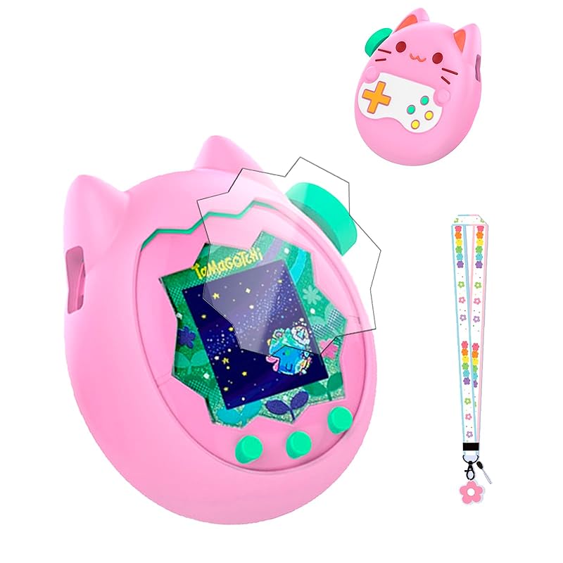 Для Tamagotchi Paradise Мягкий силиконовый чехол и прозрачная защитная пленка для экрана из ТПУ, Полная защита на 360 градусов с ремешком серии "Цветы", Защита от царапин и ударов