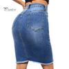 Women Denim Skirt High Waist Button Zipper Fly Multi Pockets Midi Skirt Solid Color Hip Wrapped Tassel Hem Washed Skirt