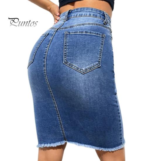Women Denim Skirt High Waist Button Zipper Fly Multi Pockets Midi Skirt Solid Color Hip Wrapped Tassel Hem Washed Skirt