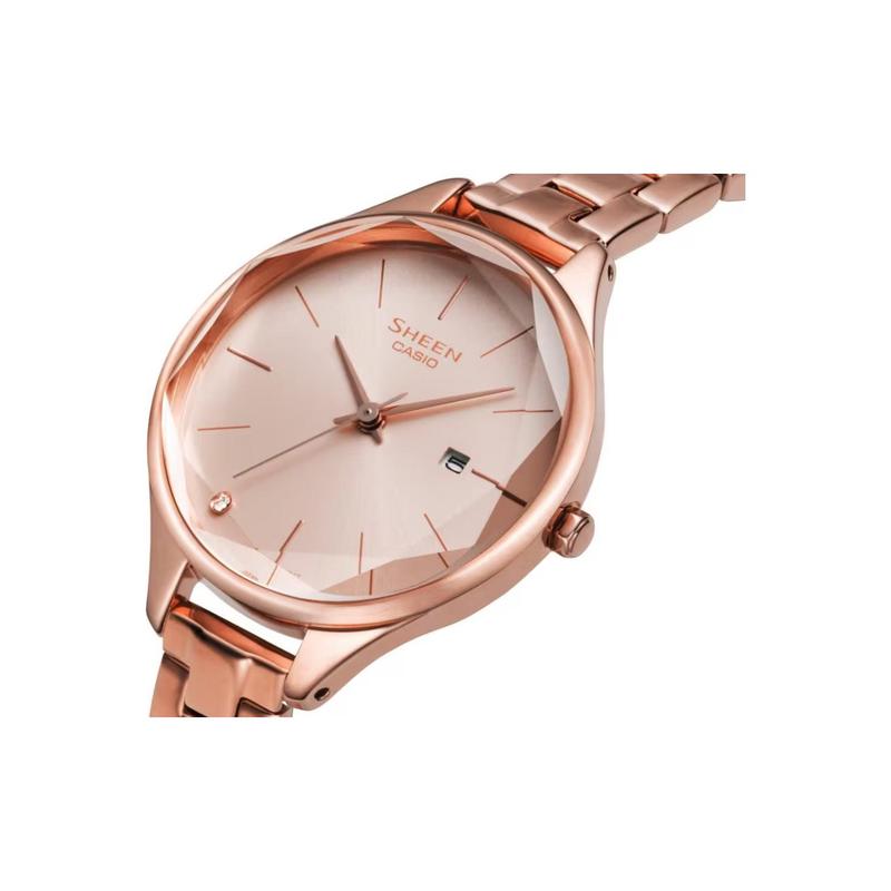 Casio Серия CASIOSHEEN простой трехмерный ромб деловой розово-розовый отображение даты кварцевый механизм стальной ремешок SHE-4062PG-4AUPR-person