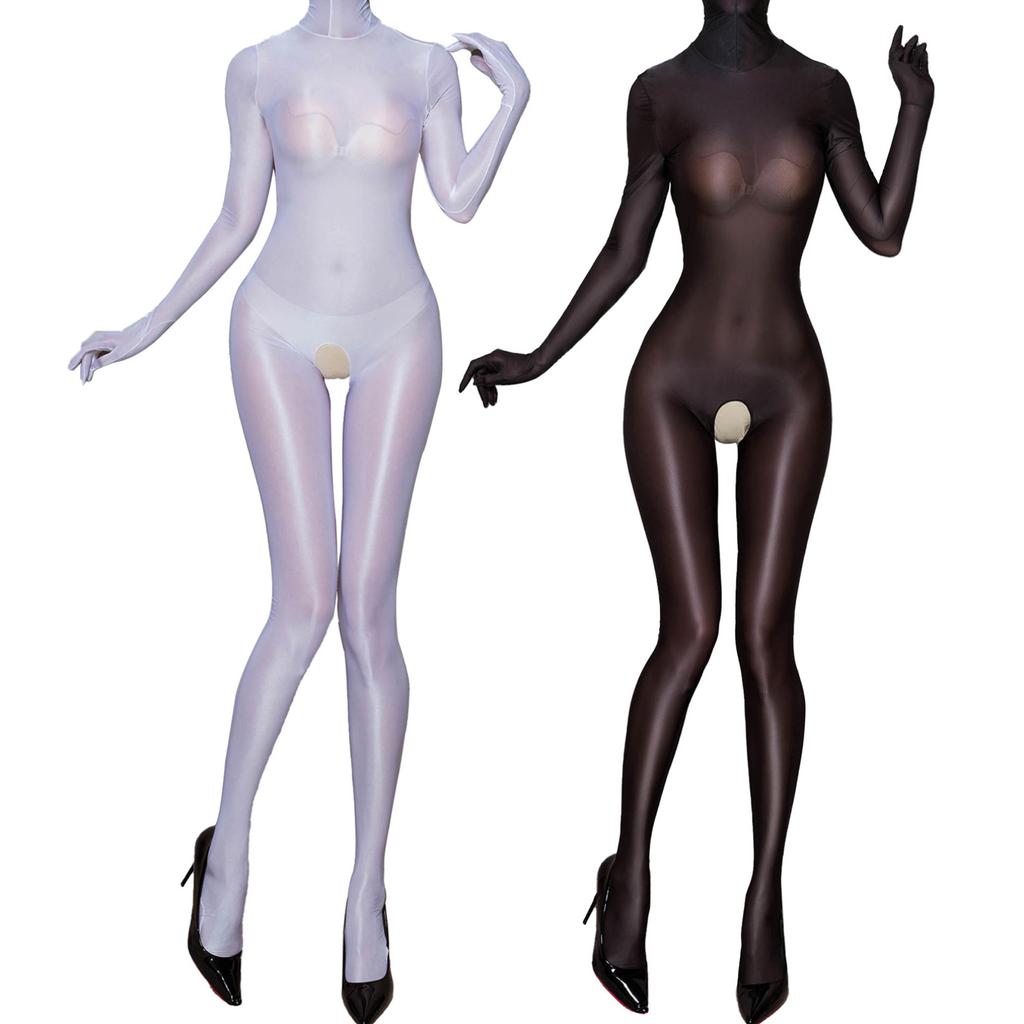Женский 8D масляный блестящий глянцевый полный нейлоновый чулок, прозрачный боди с капюшоном, комбинезон