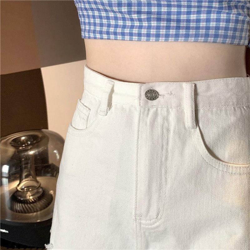 Classic and Minimalist Fashion Versatile Broken Holes Female Summer High-waisted Thin Raw Edge A-line Wide-leg Denim Shorts Individuality Trendiness