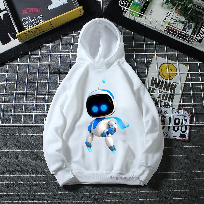 Soft kids hooded sweatshirt with cool sci-fi cartoon robot print, loose comfy fit for daily wear, outdoor sports and casual autumn winter outings.