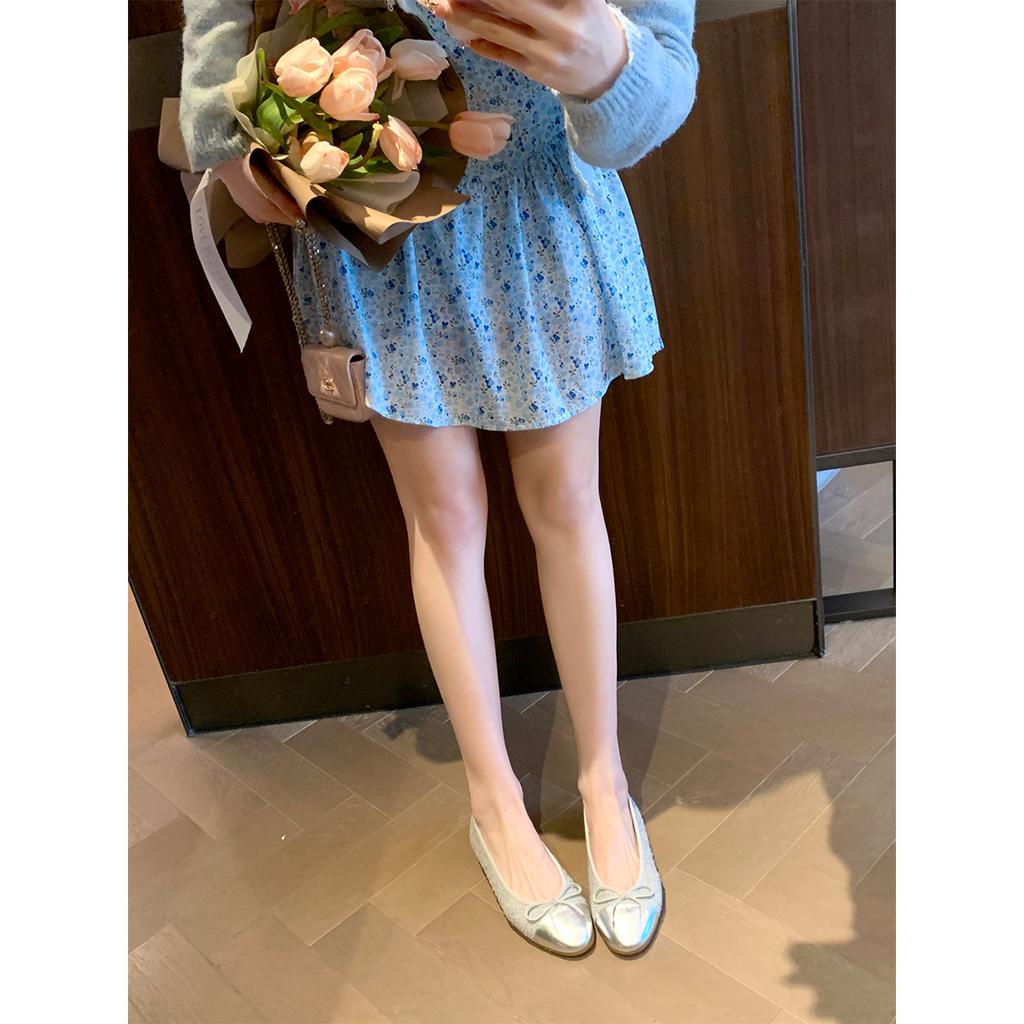 Grape Mother Studiolee Sweet Round Head Small Fragrant Style Flat Bottom Bow Splicing Shallow Mouth Ballet Single Shoes Women