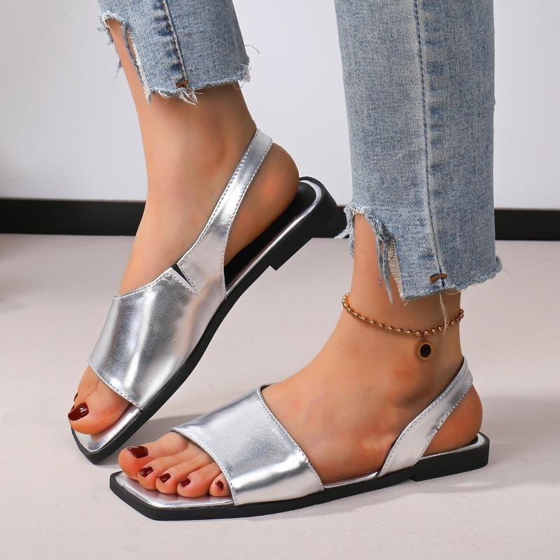 Fashion Summer Women Black Fashion Leisure Luxury Style Square Open The Toe Flats Shallow Mouth Sandal New Arrival Genuine Shoes
