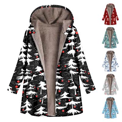 Женское повседневное пальто с длинным рукавом и большим рождественским принтом на молнии с плюшевым капюшоном и карманами