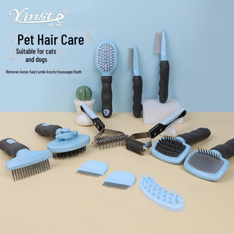 Pet Products Blue & Black Series: Massage Brush, Hair Detangling Comb, Rake Comb, Flea Comb.