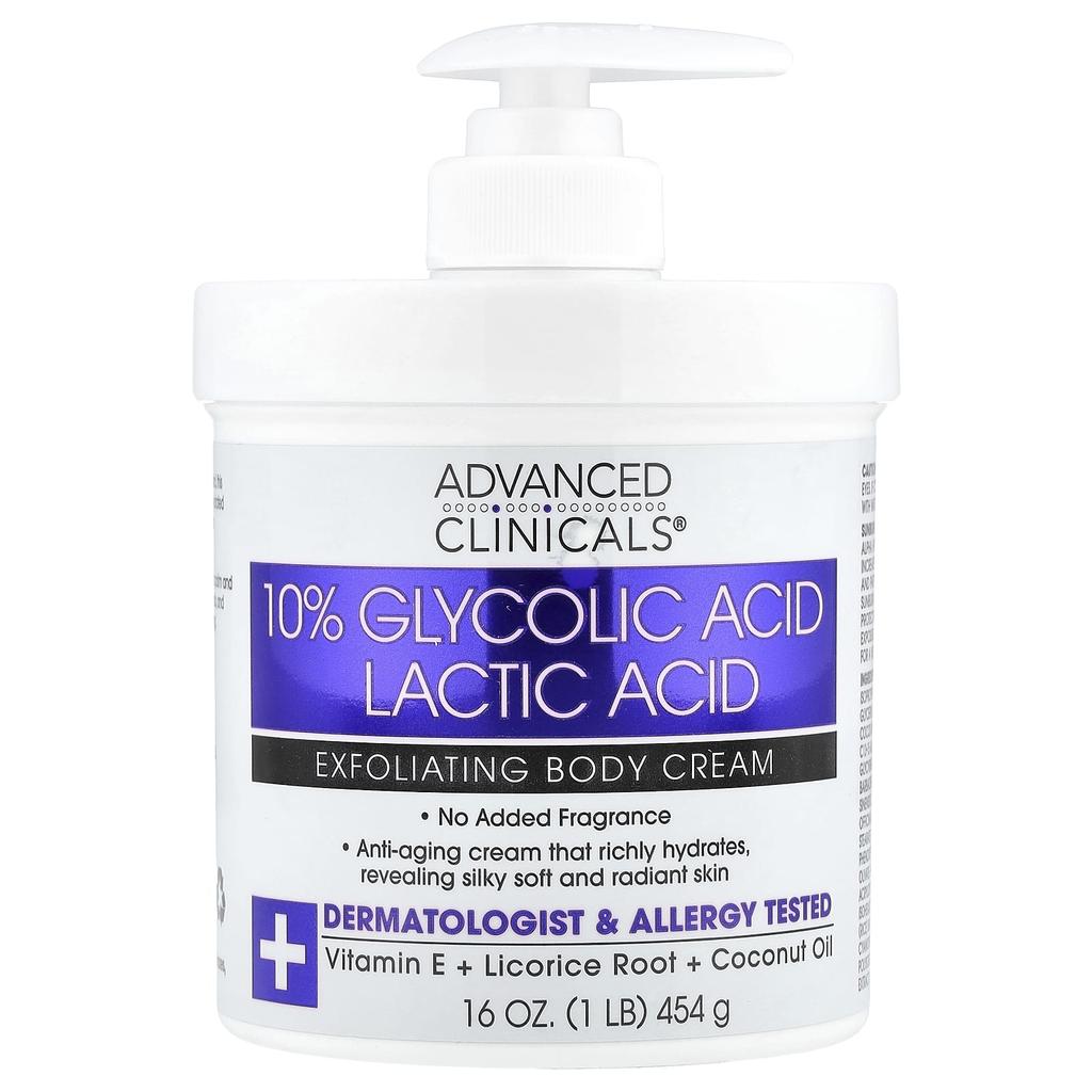 Advanced Clinicals 10% Glycolic Acid, Lactic Acid, Exfoliating Body Cream, 16 Oz (454 G)
