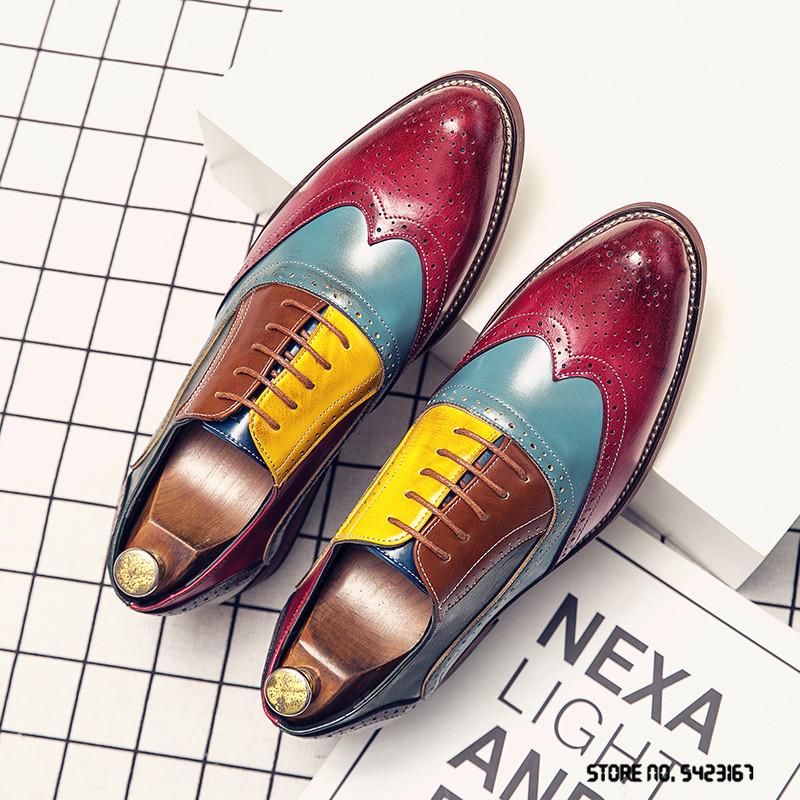 British Designer Colorful Mix Pointed Brogue Leather Shoes Flat For Men 2025 Dress Formal Wedding Prom Oxford Zapatos Hombre