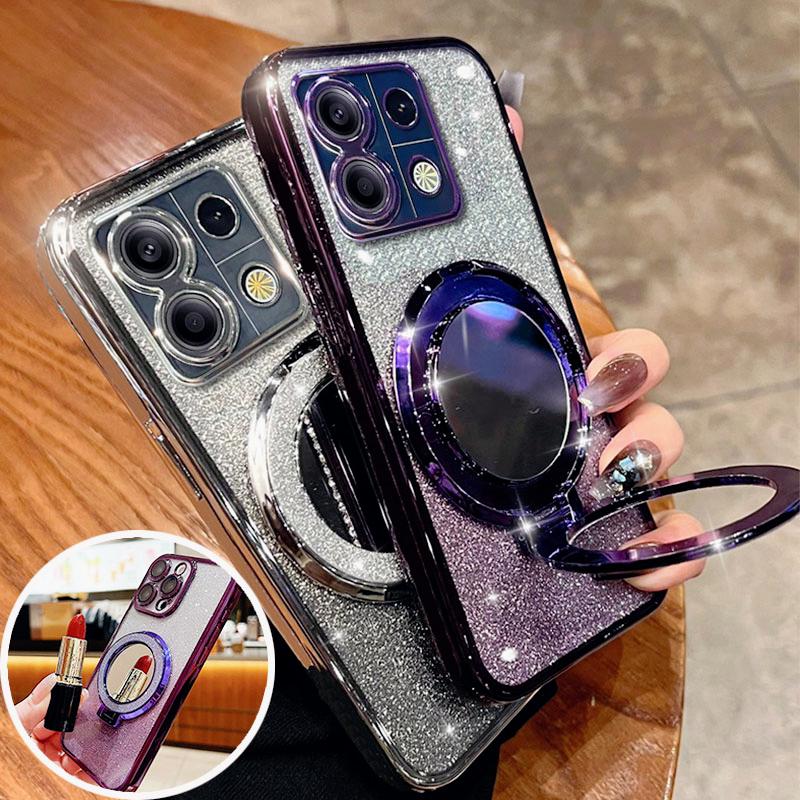 Роскошный силиконовый чехол с зеркальным блеском, держателем-подставкой и магнитным кольцом для Xiaomi POCO и Redmi Note13Pro 4G