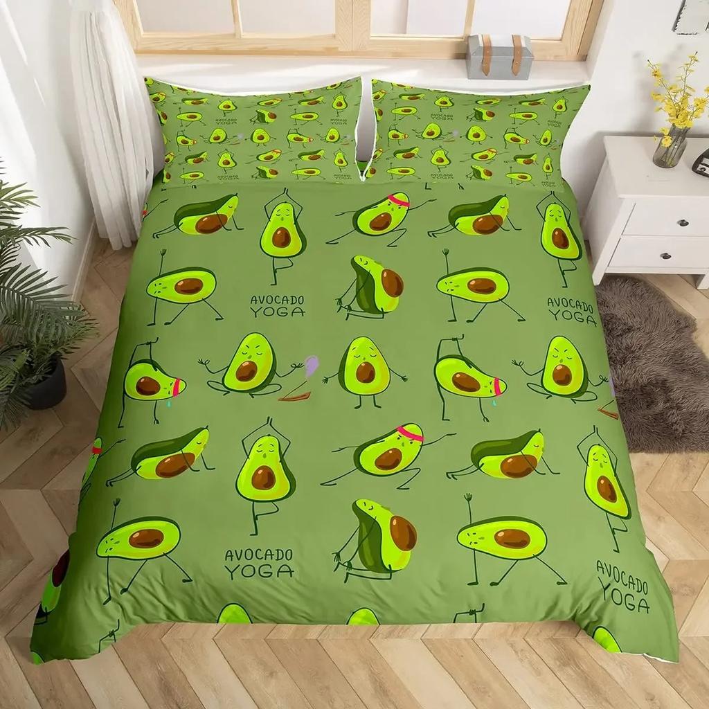 Fruit Duvet Cover Collection Cute Cartoon Avocado Decor 3 Piece Bedding Collection With 2 Pillow Shams Queen King Full Size Paprika Green