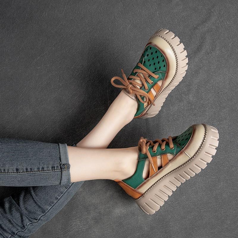 Johnature Сандалии из натуральной кожи разных цветов на толстой подошве в стиле ретро, ​​женские туфли на плоской платформе в римском стиле на шнуровке