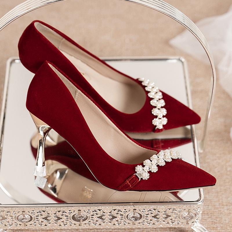 Новые туфли на высоком каблуке женские жемчужные с острым носком на тонком каблуке двойной носки свадебные туфли не беспокойтесь ноги банкетные туфли