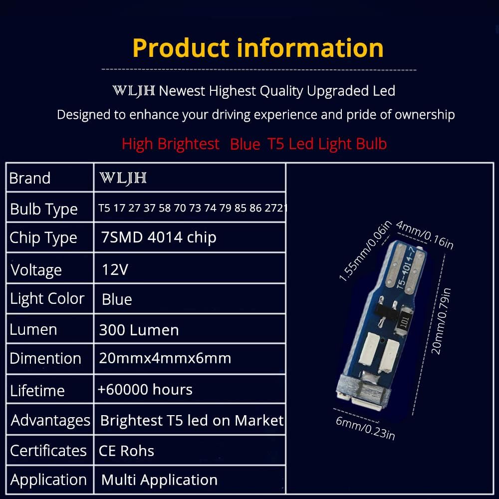 WLJH Super Bright T5 74 27 37 73 Led Bulb Light with PC74 Twist Sockets for Automotive Dash trument Panel Cluster Warning Indicator Backlighting