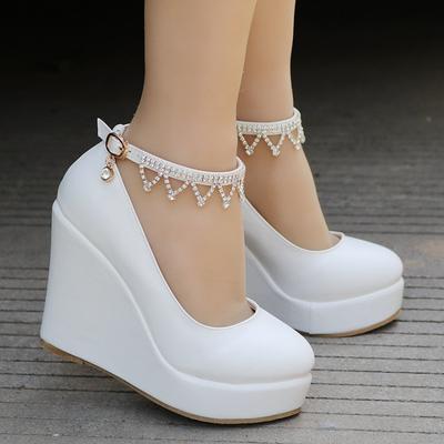Весна 2024 Туфли на танкетке Женская обувь Каблуки Платформа Офис Вечеринка Свадьба Пу 10,8 см Обувь Стразы Элегантные Женские туфли-лодочки Zapatos Mujer
