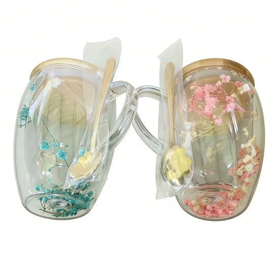 1/2Pcs 350ML Dries Flower Double Wall Mug Insulated Coffee Cup with Handle Espresso Latte Cappuccino Milk Juice Tea Water Drinking Cup