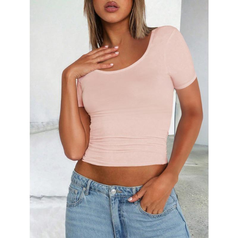 Women's Spring Sexy Spice Short Sleeve Fashion New Square Neck Slim Dew Neck T-shirt Short Tops