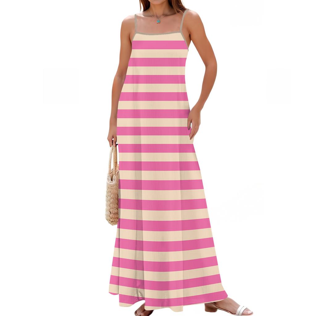 Women's Spring And Summer Casual Fashion Adjustable Suspenders Printed Long Dress