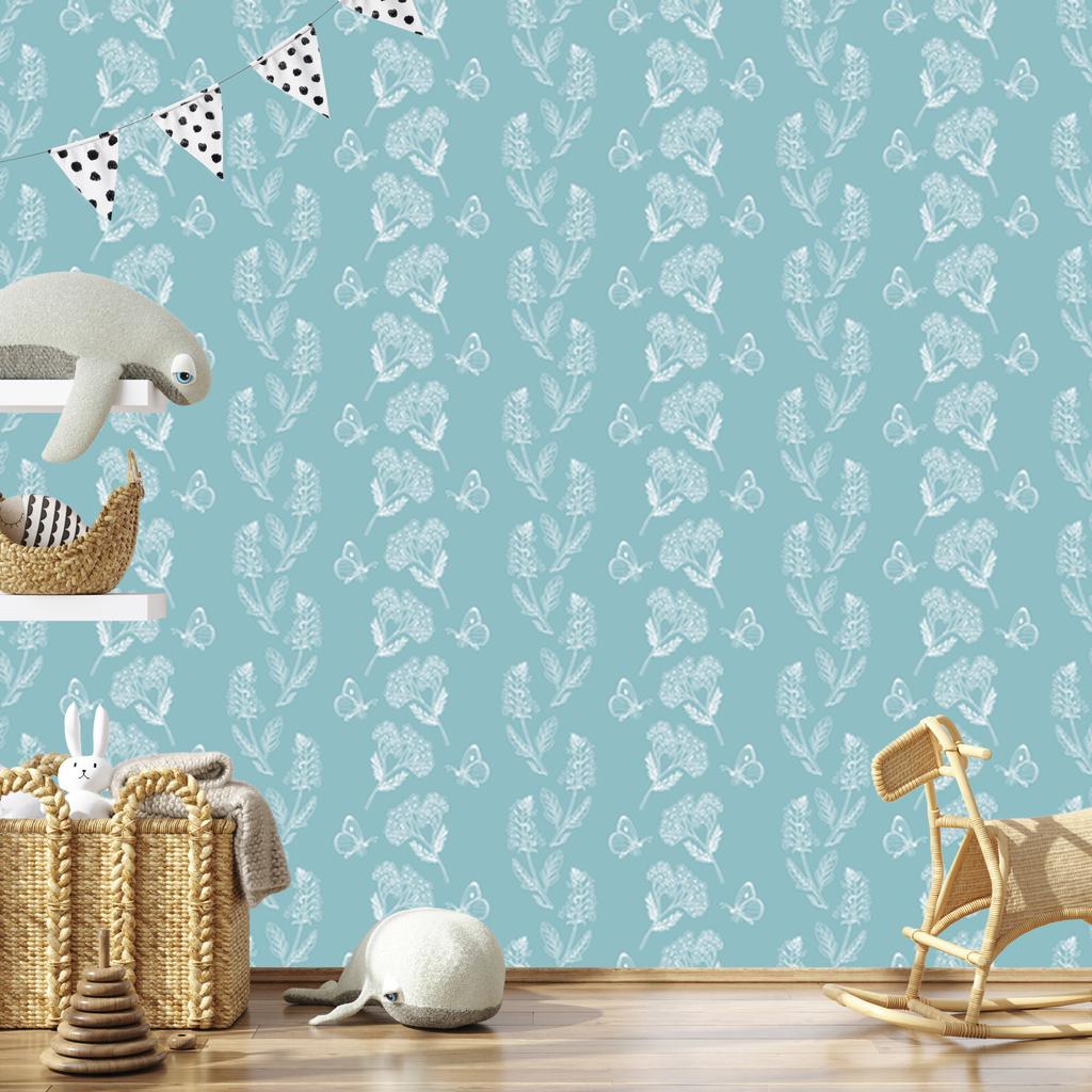 Herbs and butterflies wallpaper on a turquoise background for the living room and bedroom 50x1000