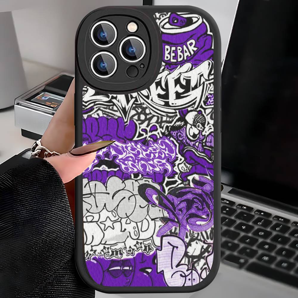 Крутой черный кожаный чехол для телефона с граффити для iPhone 16 15 14 17 Pro Max 11 12 Mini Plus Мягкий корпус
