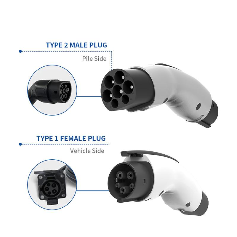 WUFEN Type2 to Type1 EV Charger Adapter 32A 7KW MAX Compatible with Type 2 Charger for Electric Car with Type 1 Charging Socket