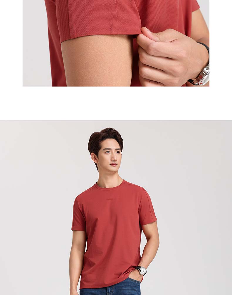 [Mesh Breathable] Langdeng Men's Round Neck T-shirt Summer Long staple Cotton Shortsleeved Top Comfortable and Elastic Sports Base Shirt