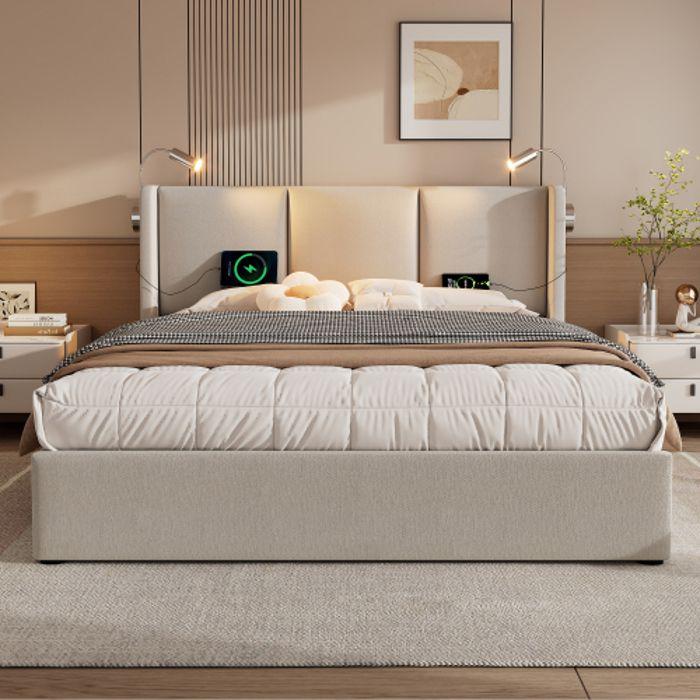 Lit double capitonné - MUVOE - 140x200 - Chargeur USB - Tête de lit avec lampe - Espace de rangement