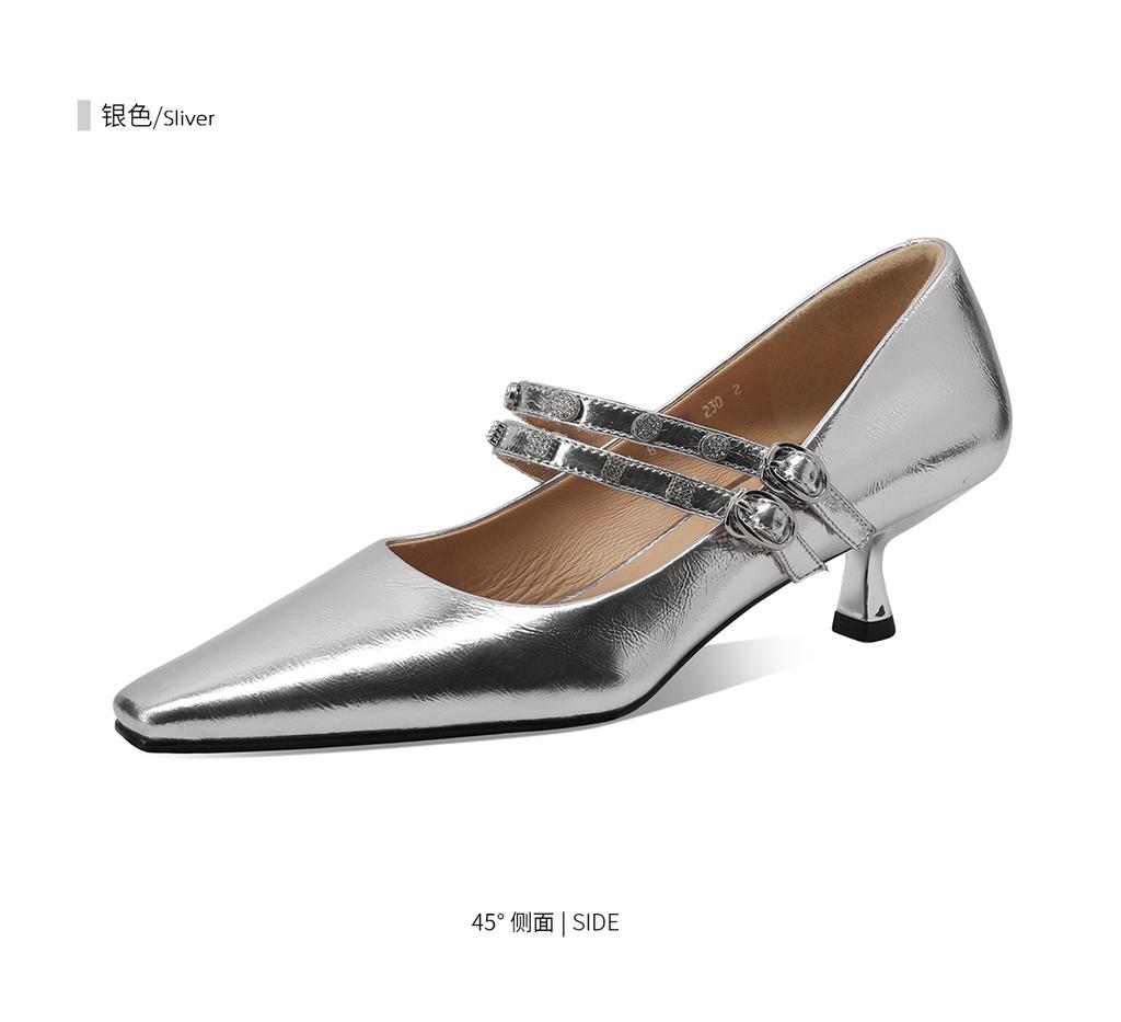 St&Sat Square Head French Shallow Mouth Academy Style Versatile Fine Follow Shoes
