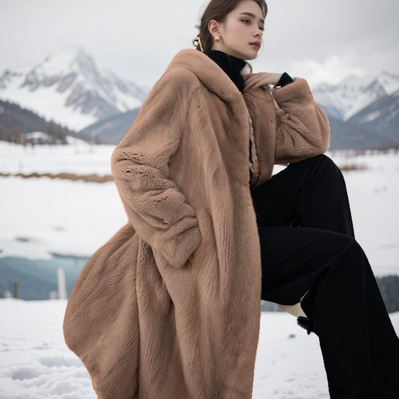 Autumn and Winter New Hooded Hairy Imitation Mink Fur Leopard Print Extended Loose Coat