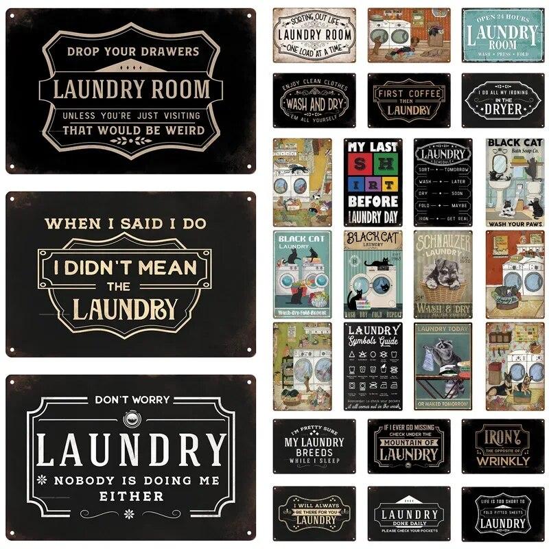 Laundry Vintage Metal Sign Tin Sign Funny Metal Plaque Retro Plate Metal Poster Open 24 Hours for Home Room Washroom Wall Decor