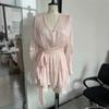 French Style Gentle Chiffon Dress V-neck Puff Sleeve Waist Tie Irregular Short Women