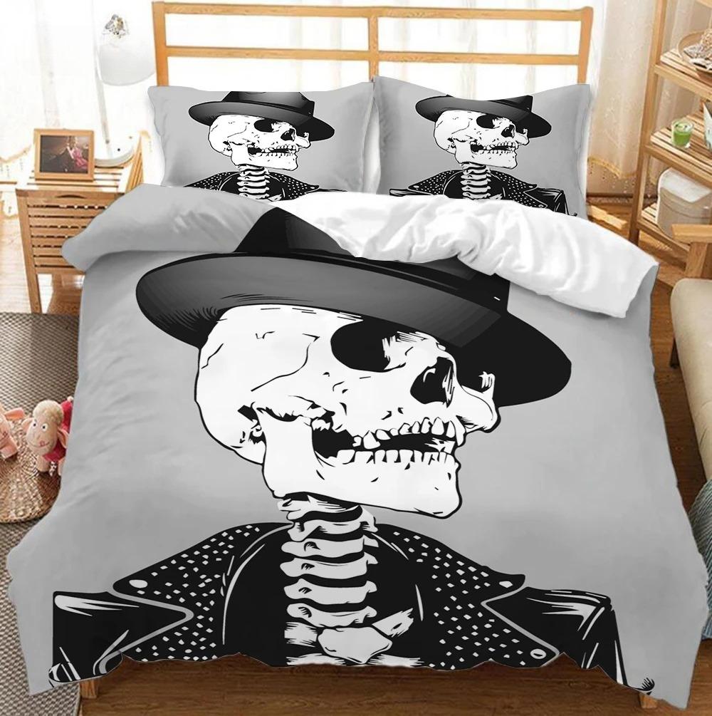 Комплект постельного белья Black Hat Skull Queen Size Хэллоуин Комплекты пододеяльников Современный стиль Спальный комплект постельного белья Чехол для одеяла Наволочки