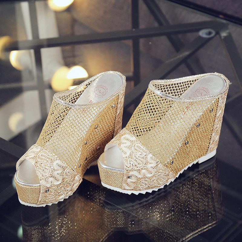 Fashion New Lace Slippers Thick Sole Platform Shoes Flat Wedge Platform Fish Mouth Sandals and Slippers Super High Heel Women's Shoes