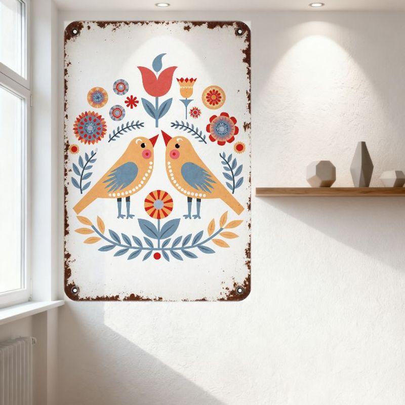 Винтажная деревенская металлическая жестяная табличка Дизайн с народным искусством Птицы Цветы Белый фон с ржавыми краями для декора стены дома, бара, кафе
