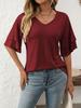 Women's 2025 V-Neck Ruffled Sleeve Short Sleeve T-Shirt, Solid Color Casual Summer Blouse with Flowy Hem for Daily & Vacation Outfits
