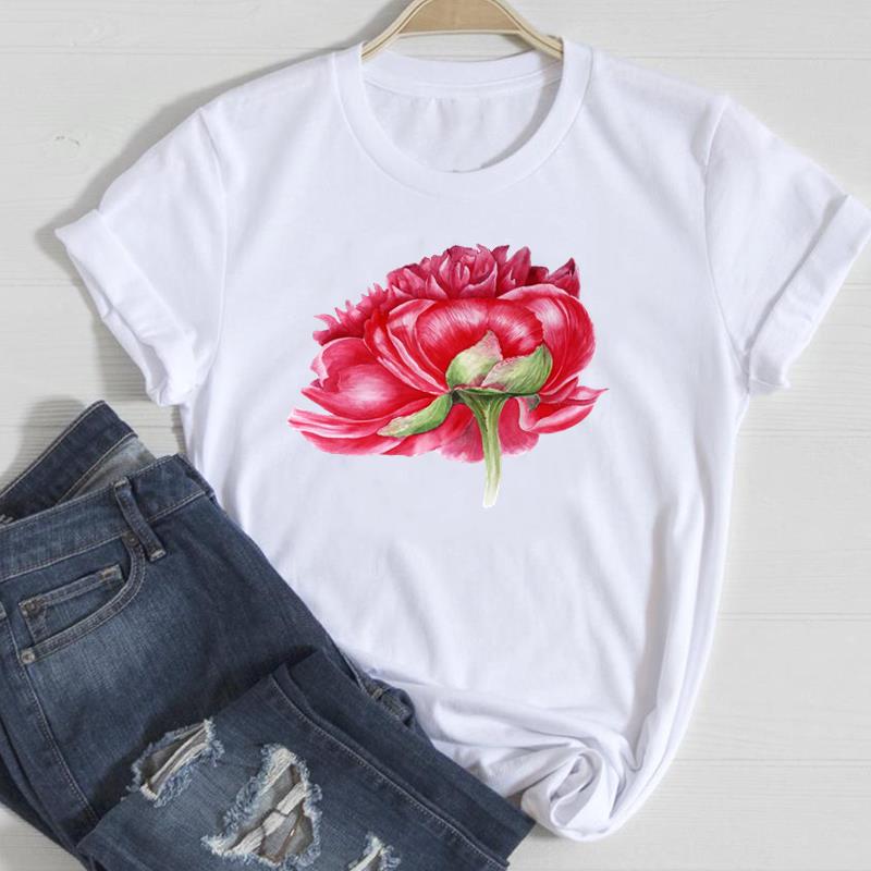 (Asian Size) Women Lovely Style Flower Floral Trend Print Tee Top Clothing Fashion Tshirt Lady Female Casual Short Sleeve Graphic T-shirt