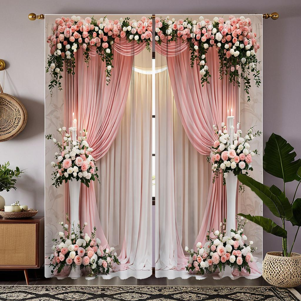 2 Pieces HD Digital Pink Color Simple Romantic Gentle Wind Curtains Home Decorating Style Decoration Living Room Bedroom Through