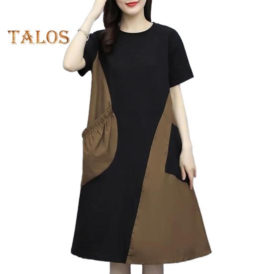 Женское платье миди с круглым вырезом и коротким рукавом, свободное летнее платье с карманами, цвет пэчворк, легкое повседневное платье