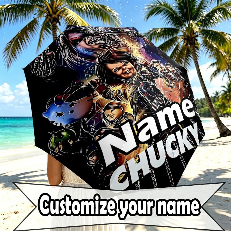 Custom Name Personalized Bride of Chucky Print Umbrella, Auto Open Close, 8‑Rib Sturdy Frame, Commute Camping Hiking Use, Birthday Gift
