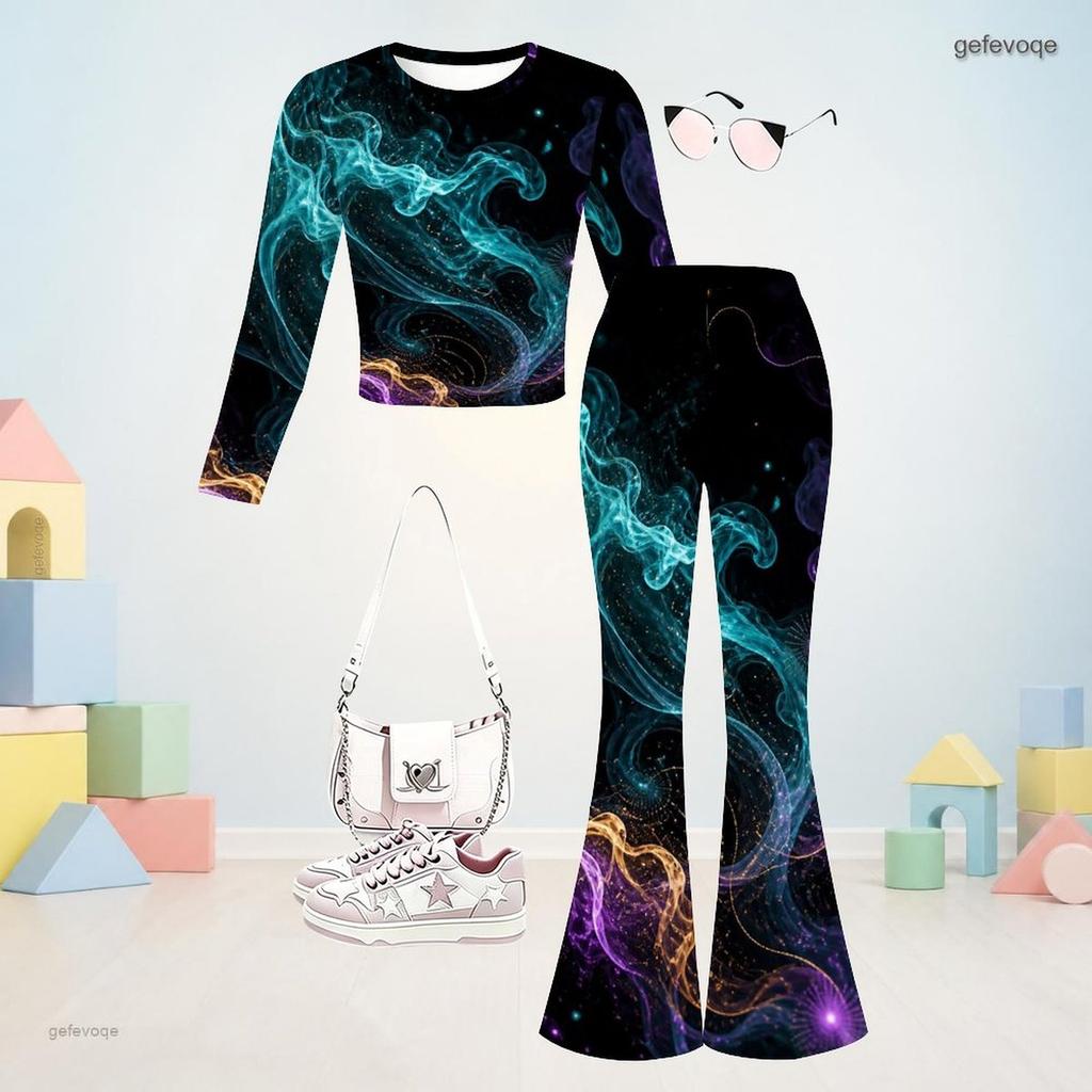 Girls Round Neck Long Sleeve Printed Crop Top Flared Pants Two Piece Set