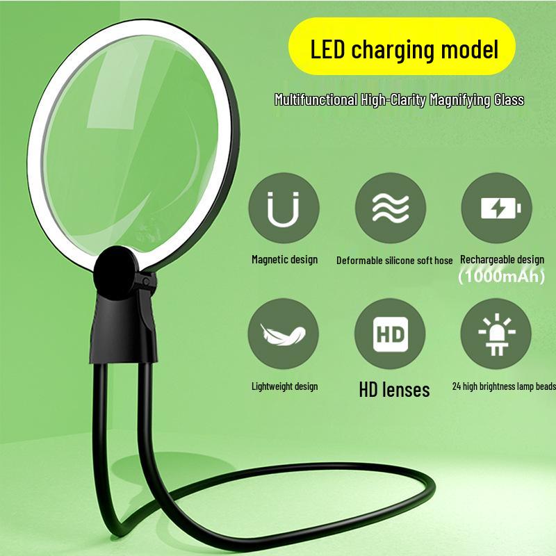 Sank 8039-6 Neck-Hanging Rechargeable LED Magnifier with 24 Lights, 130mm HD Lens, Round Frame Reading Stand